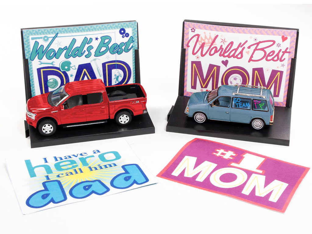 2018 Ford F-150 Pickup Truck Red and 1984 Dodge Caravan Minivan Blue Metallic "World's Best Mom and Dad" Set of 2 Pieces 1/64 Diecast Model Cars by Auto World-2