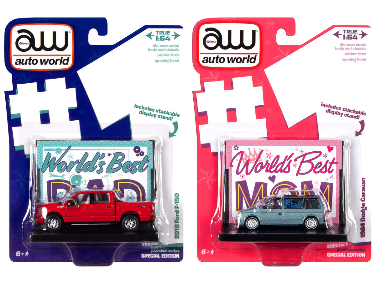 2018 Ford F-150 Pickup Truck Red and 1984 Dodge Caravan Minivan Blue Metallic "World's Best Mom and Dad" Set of 2 Pieces 1/64 Diecast Model Cars by Auto World-0