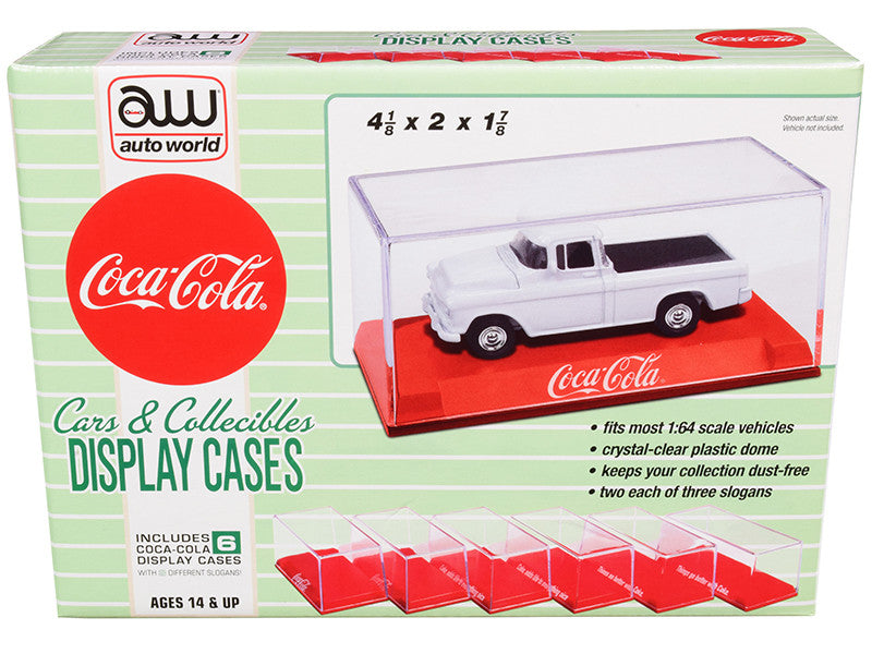 6 Collectible Acrylic Display Show Cases with Red Plastic Bases with 3 Different Slogans "Coca-Cola" for 1/64 Scale Model Cars by Auto World-0