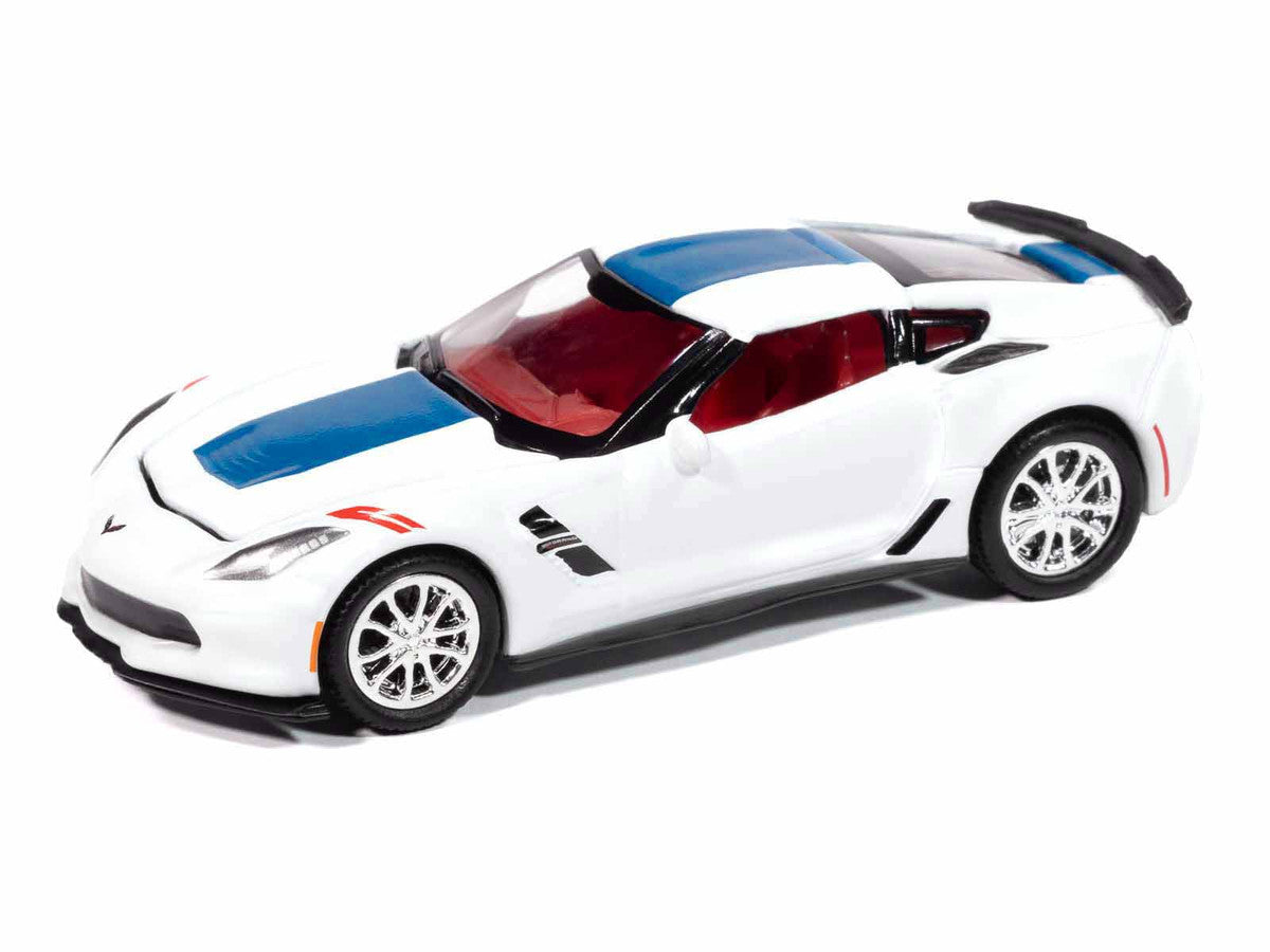 2018 Chevrolet Corvette Grand Sport Arctic White with Blue Stripe and Red Interior "Sports Cars" Series 1/64 Diecast Model Car by Auto World-0