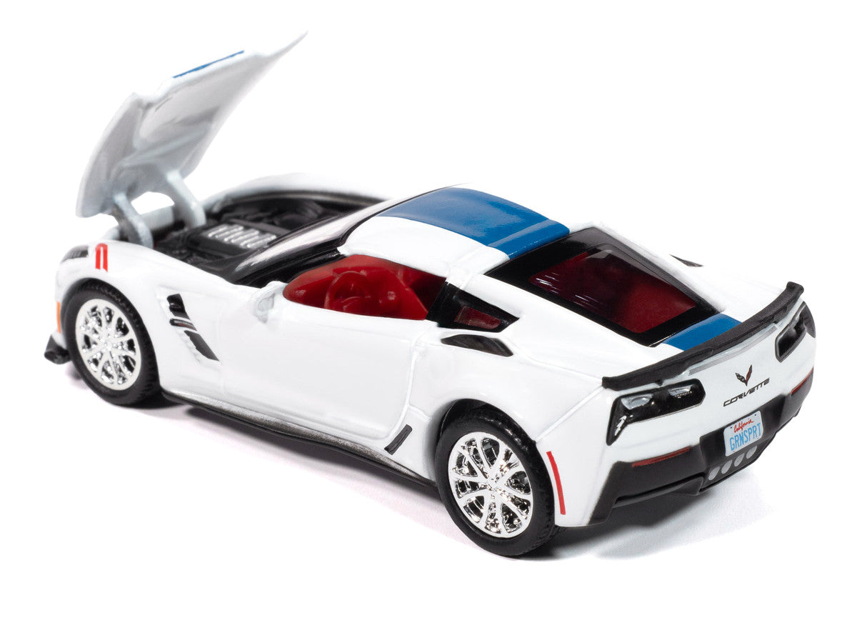2018 Chevrolet Corvette Grand Sport Arctic White with Blue Stripe and Red Interior "Sports Cars" Series 1/64 Diecast Model Car by Auto World-1