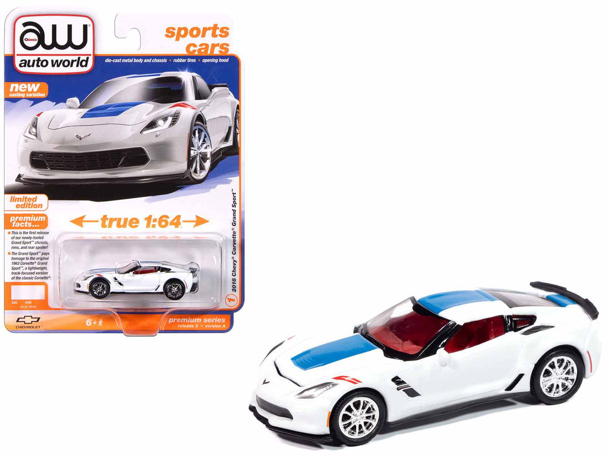 2018 Chevrolet Corvette Grand Sport Arctic White with Blue Stripe and Red Interior "Sports Cars" Series 1/64 Diecast Model Car by Auto World-2