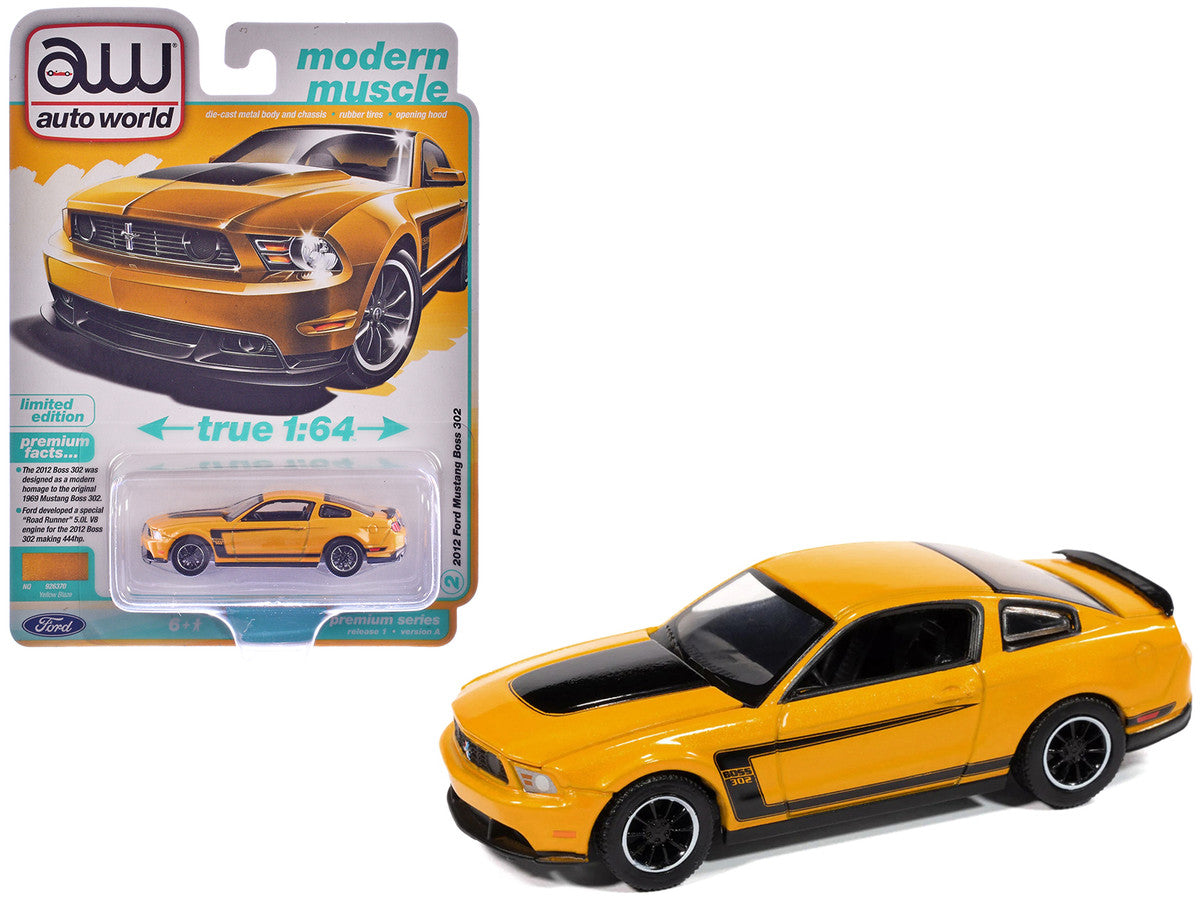2012 Ford Mustang Boss 302 Yellow Blaze with Black Accents "Modern Muscle" Series 1/64 Diecast Model Car by Auto World-2