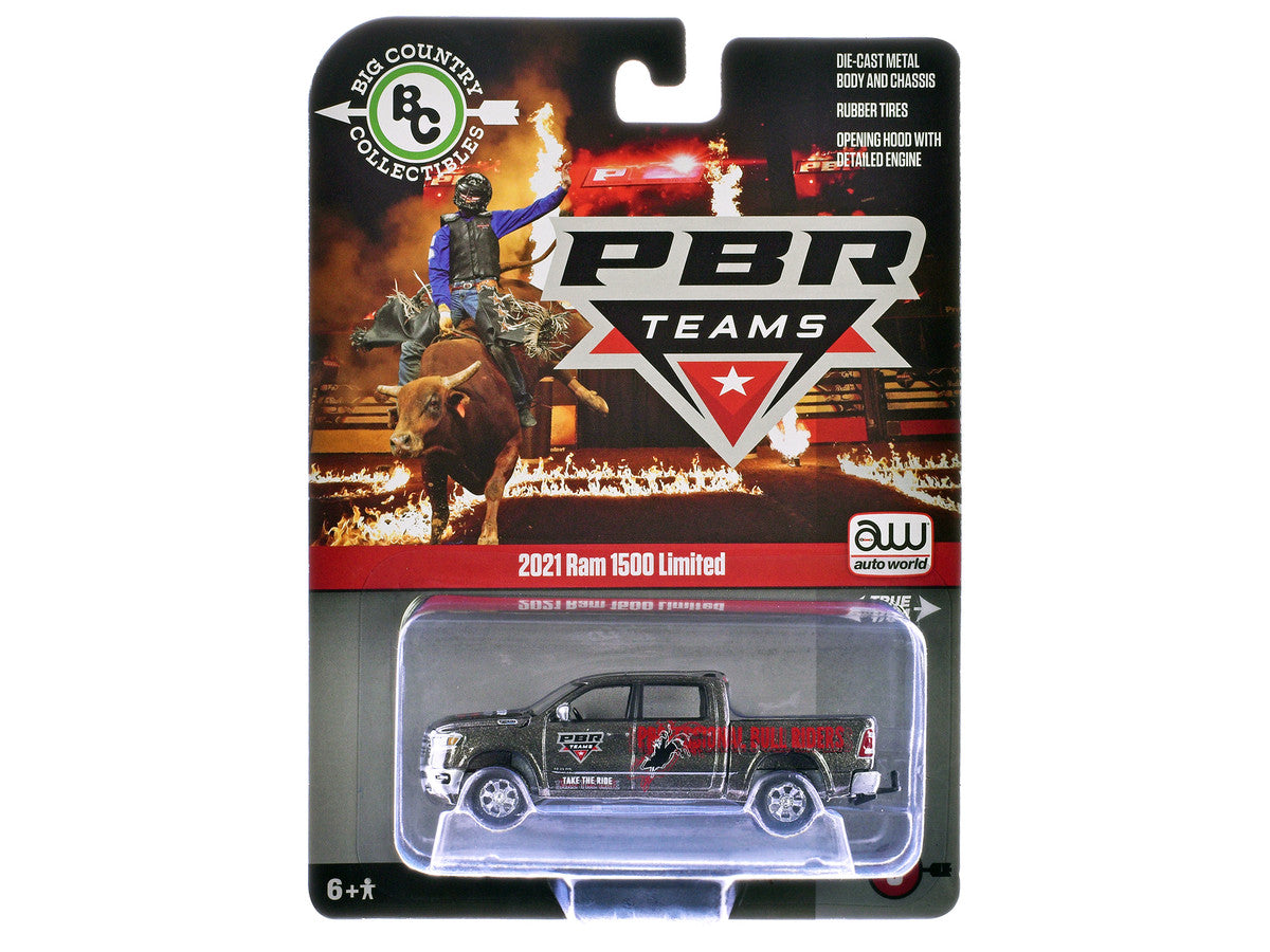 2021 Ram 1500 Limited Pickup Truck "PBR (Professional Bull Riders)" Gray Metallic with Graphics "Big Country Collectibles" 2025 Series 1/64 Diecast Model Car by Auto World-0