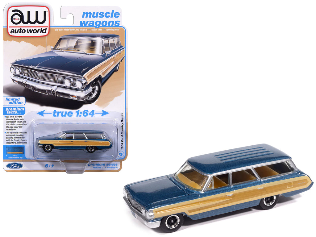 1964 Ford Country Squire Guardsman Blue Metallic with Woodgrain Sides "Muscle Wagons" Series 1/64 Diecast Model Car by Auto World