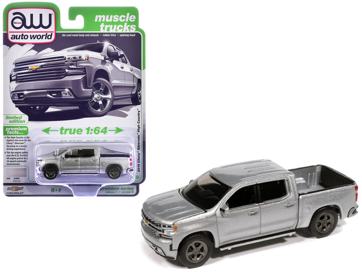 2019 Chevrolet Silverado High Country Pickup Truck Silver Ice Metallic "Muscle Trucks" Series 1/64 Diecast Model Car by Auto World-0