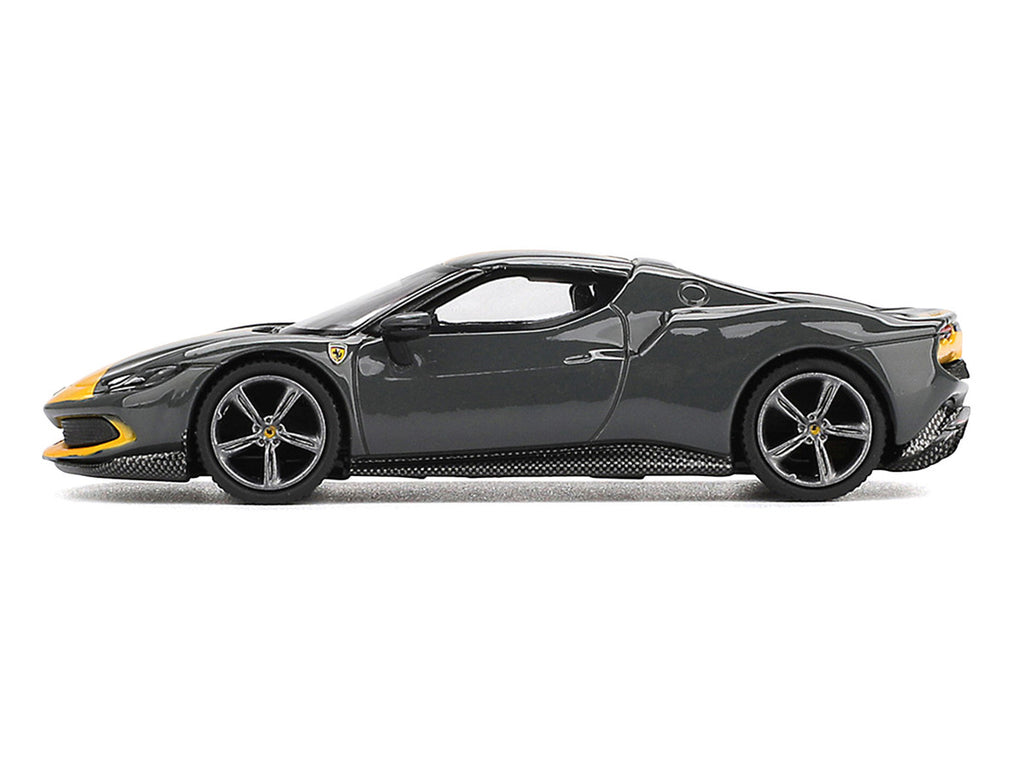 Ferrari 296 GTB Assetto Fiorano Grigio Scuro (Dark Gray) with Yellow Stripes 1/64 Diecast Model Car by BBR-1