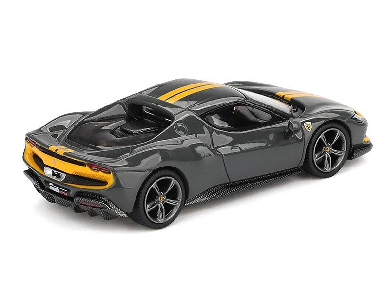 Ferrari 296 GTB Assetto Fiorano Grigio Scuro (Dark Gray) with Yellow Stripes 1/64 Diecast Model Car by BBR-0
