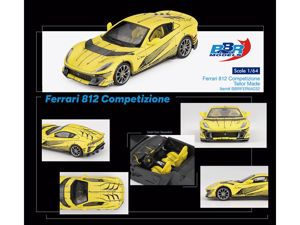 Ferrari 812 Competizione Matt Yellow with Graphics and Yellow Interior "Tailor Made" 1/64 Diecast Model Car by BBR-2