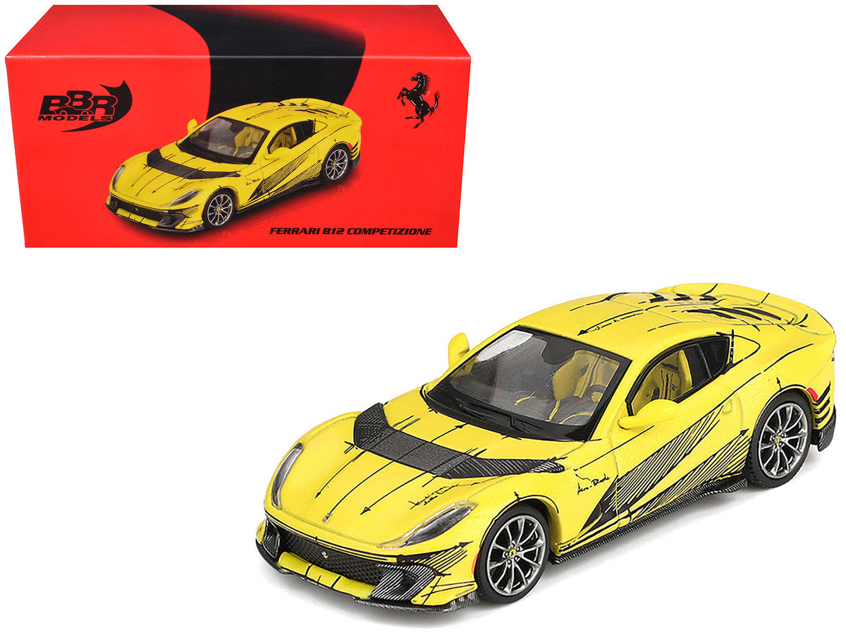 Ferrari 812 Competizione Matt Yellow with Graphics and Yellow Interior "Tailor Made" 1/64 Diecast Model Car by BBR-3