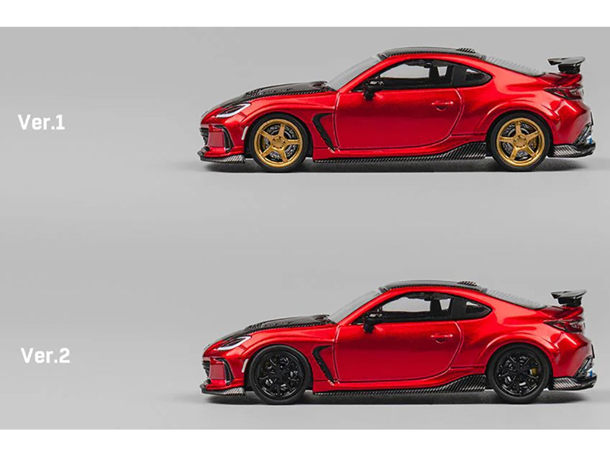 Subaru BRZ Varis Arising-1 RHD (Right Hand Drive) Red Metallic with Carbon Hood and Top and Extra Wheels 1/64 Diecast Model Car by CM Model-1