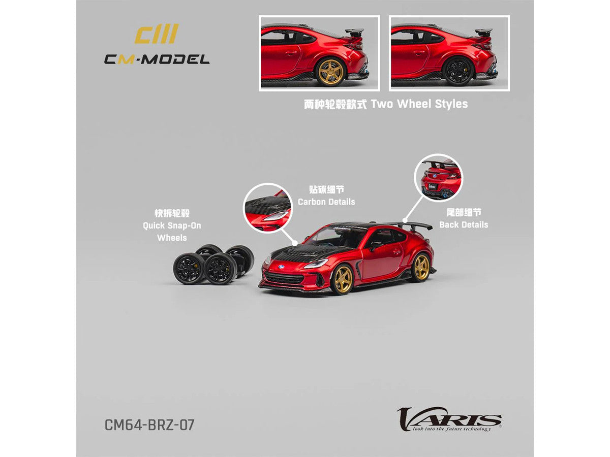 Subaru BRZ Varis Arising-1 RHD (Right Hand Drive) Red Metallic with Carbon Hood and Top and Extra Wheels 1/64 Diecast Model Car by CM Model-2