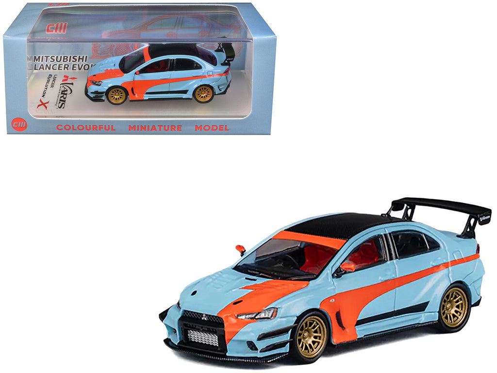 Mitsubishi Lancer Evolution X Varis RHD (Right Hand Drive) Light Blue with Black Top and Orange Stripes 1/64 Diecast Model Car by CM Model-3