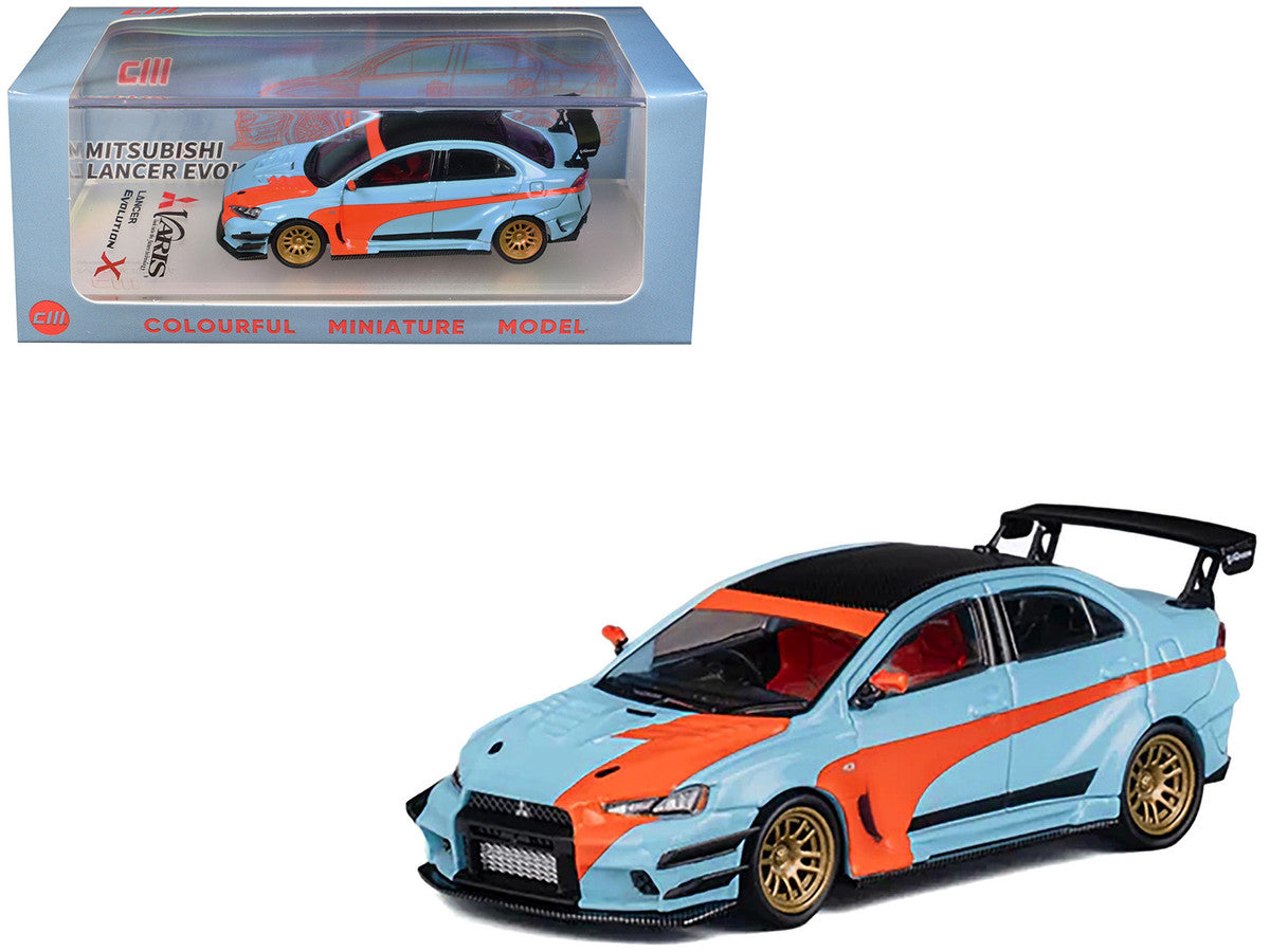 Mitsubishi Lancer Evolution X Varis RHD (Right Hand Drive) Light Blue with Black Top and Orange Stripes 1/64 Diecast Model Car by CM Model-3