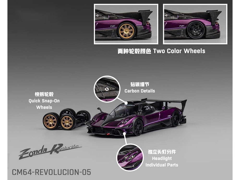 Pagani Zonda Revolucion Purple Metallic and Carbon with Extra Wheels 1/64 Diecast Model Car by CM Model-1