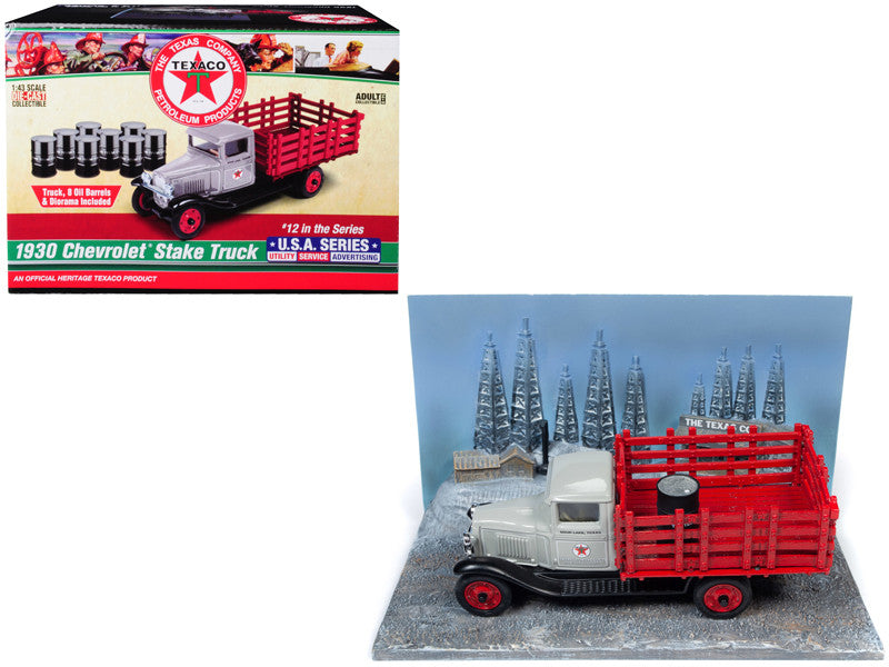 1930 Chevrolet Stake Truck with Eight Oil Barrels and Oil Derricks Diorama "Texaco" 12th in the "U.S.A. Series" 1/43 Diecast Model by Auto World-0
