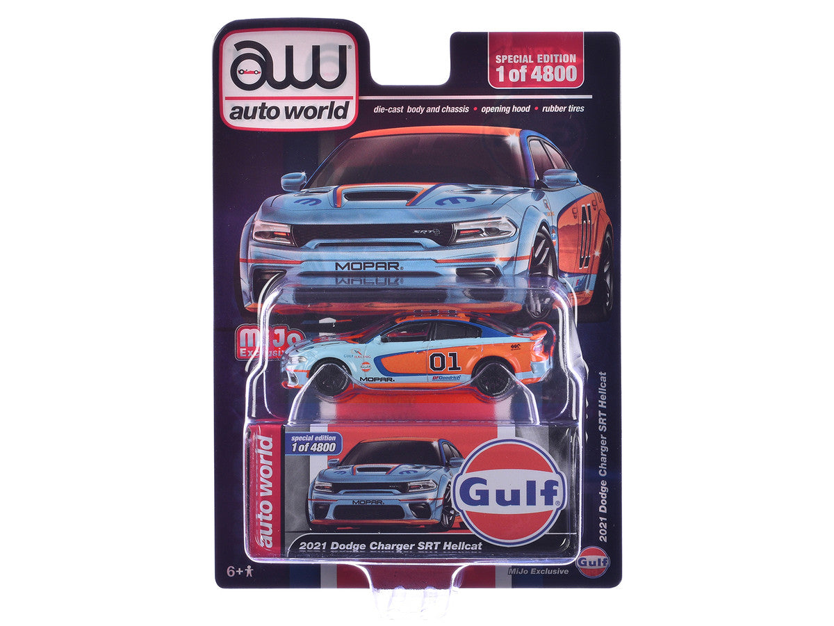 2021 Dodge Charger SRT Hellcat #01 "Gulf Oil-MOPAR" Light Blue and Orange Limited Edition to 4800 pieces Worldwide 1/64 Diecast Model Car by Auto World-2