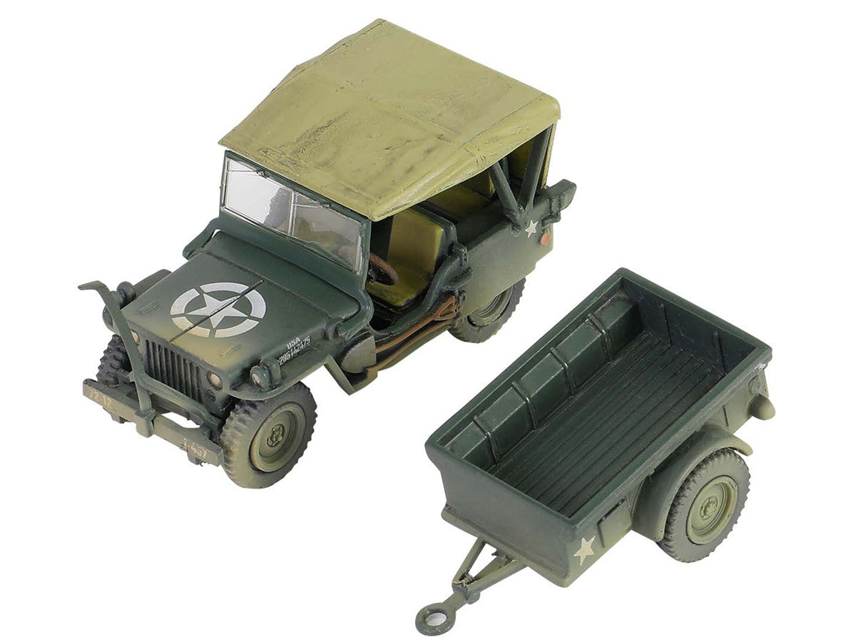 Willys MB Jeep with Trailer Olive Drab (Weathered) with Driver Figure "United States Army" "Mini AFV" Series 1/64 Diecast Model by Forces of Valor-1