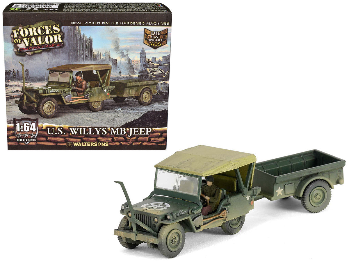 Willys MB Jeep with Trailer Olive Drab (Weathered) with Driver Figure "United States Army" "Mini AFV" Series 1/64 Diecast Model by Forces of Valor-4