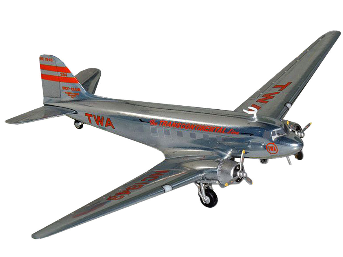 Douglas DC-3 Commercial Aircraft "TWA (Trans World Airlines)" (NC1943) Polished Metal Finish with Red Tail Stripes "Gemini 200" Series 1/200 Diecast Model Airplane by GeminiJets-1