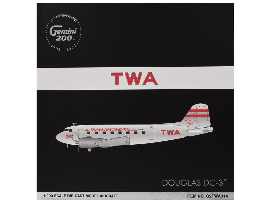 Douglas DC-3 Commercial Aircraft "TWA (Trans World Airlines)" (NC1943) Polished Metal Finish with Red Tail Stripes "Gemini 200" Series 1/200 Diecast Model Airplane by GeminiJets-2