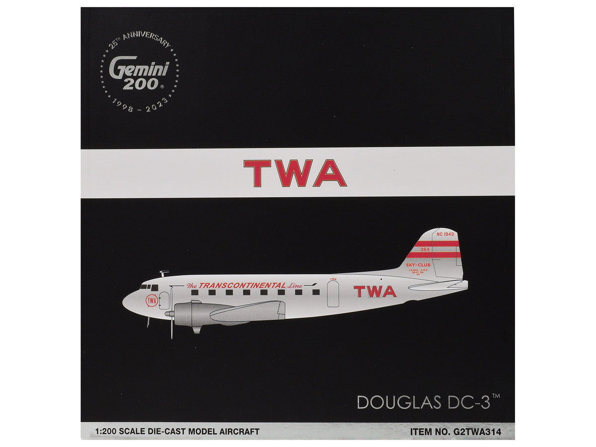 Douglas DC-3 Commercial Aircraft "TWA (Trans World Airlines)" (NC1943) Polished Metal Finish with Red Tail Stripes "Gemini 200" Series 1/200 Diecast Model Airplane by GeminiJets-2