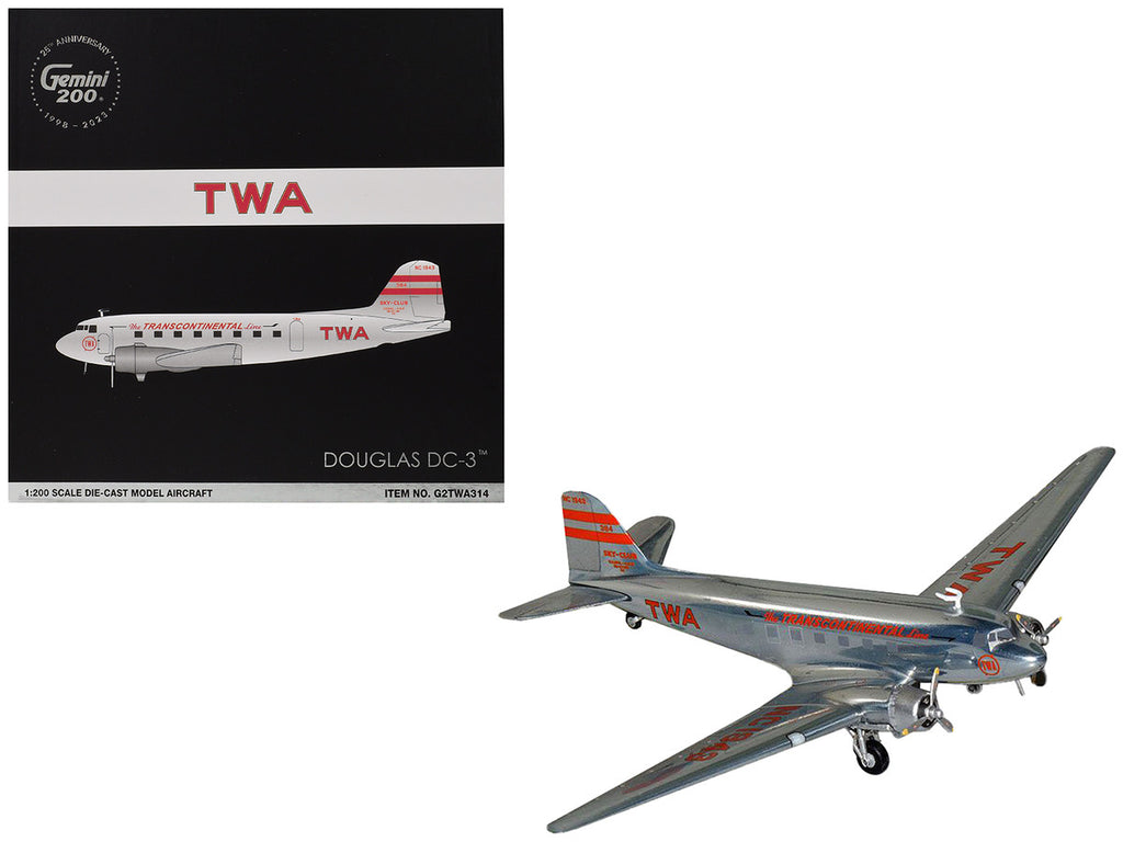 Douglas DC-3 Commercial Aircraft "TWA (Trans World Airlines)" (NC1943) Polished Metal Finish with Red Tail Stripes "Gemini 200" Series 1/200 Diecast Model Airplane by GeminiJets-0