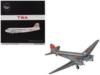 Douglas DC-3 Commercial Aircraft "TWA (Trans World Airlines)" (NC1943) Polished Metal Finish with Red Tail Stripes "Gemini 200" Series 1/200 Diecast Model Airplane by GeminiJets-0