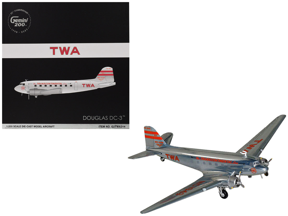 Douglas DC-3 Commercial Aircraft "TWA (Trans World Airlines)" (NC1943) Polished Metal Finish with Red Tail Stripes "Gemini 200" Series 1/200 Diecast Model Airplane by GeminiJets-0