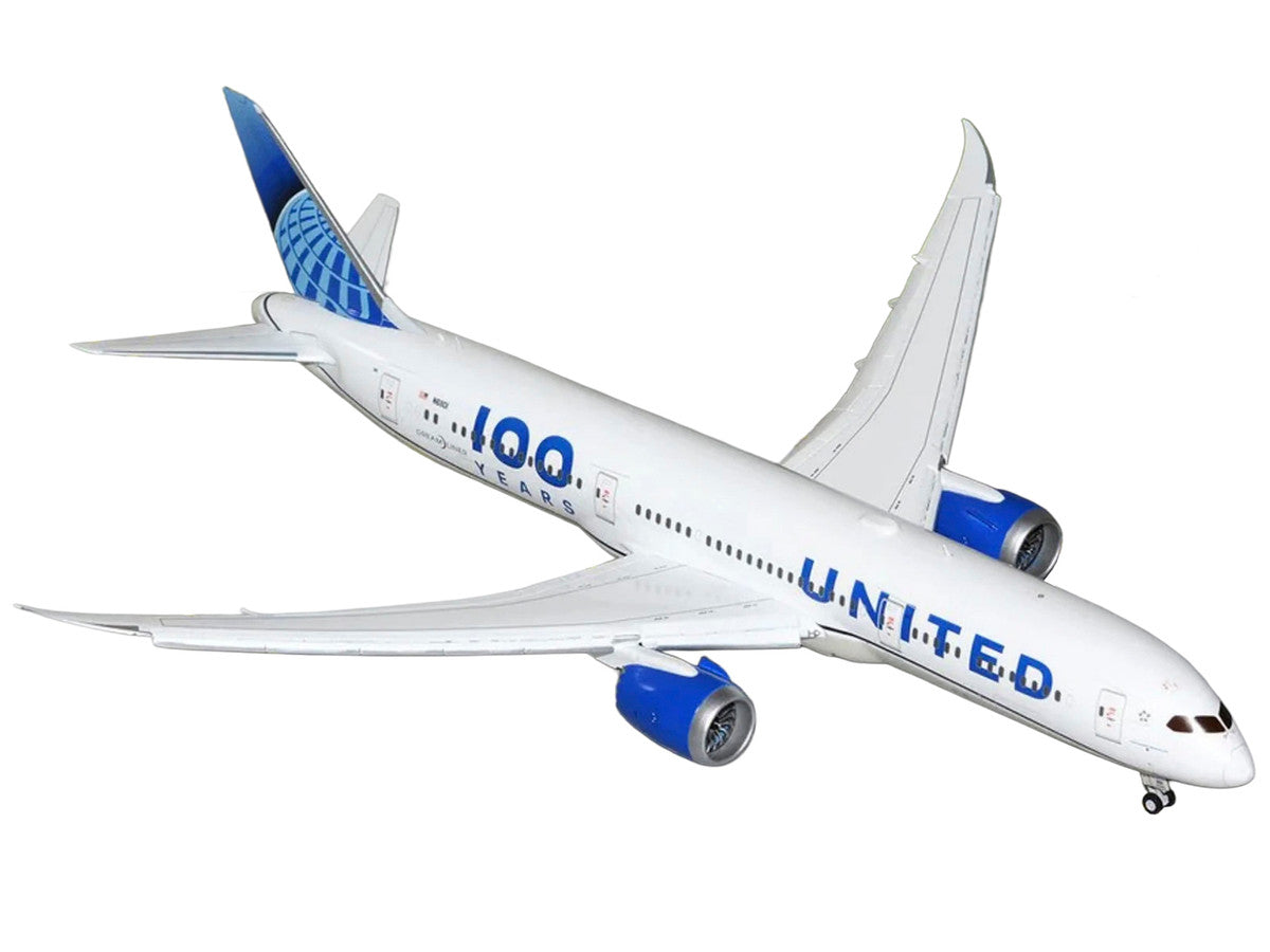 Boeing 787-9 Commercial Aircraft with Flaps Down "United Airlines 100 Years" (N61101) White with Graphics and Blue Tail "Gemini 200" Series 1/200 Diecast Model by GeminiJets-1