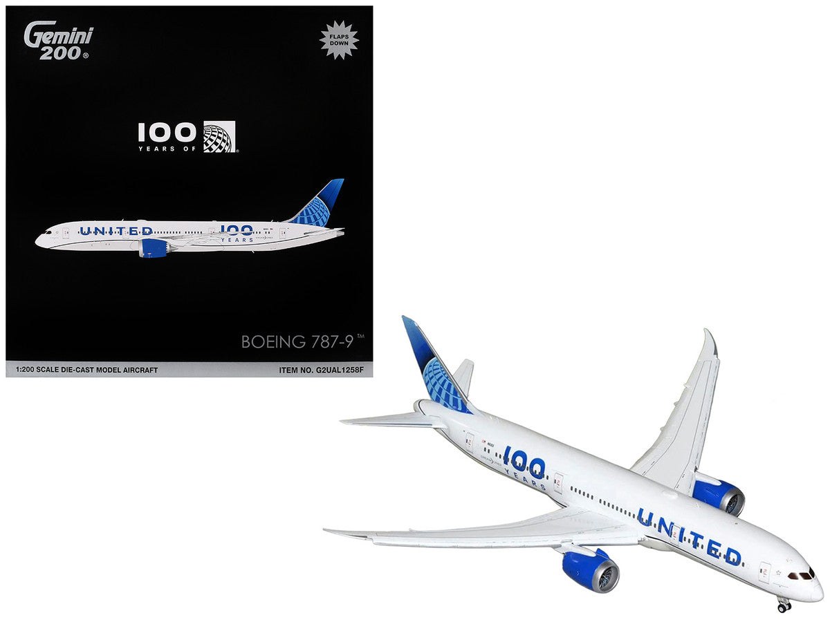 Boeing 787-9 Commercial Aircraft with Flaps Down "United Airlines 100 Years" (N61101) White with Graphics and Blue Tail "Gemini 200" Series 1/200 Diecast Model by GeminiJets-0