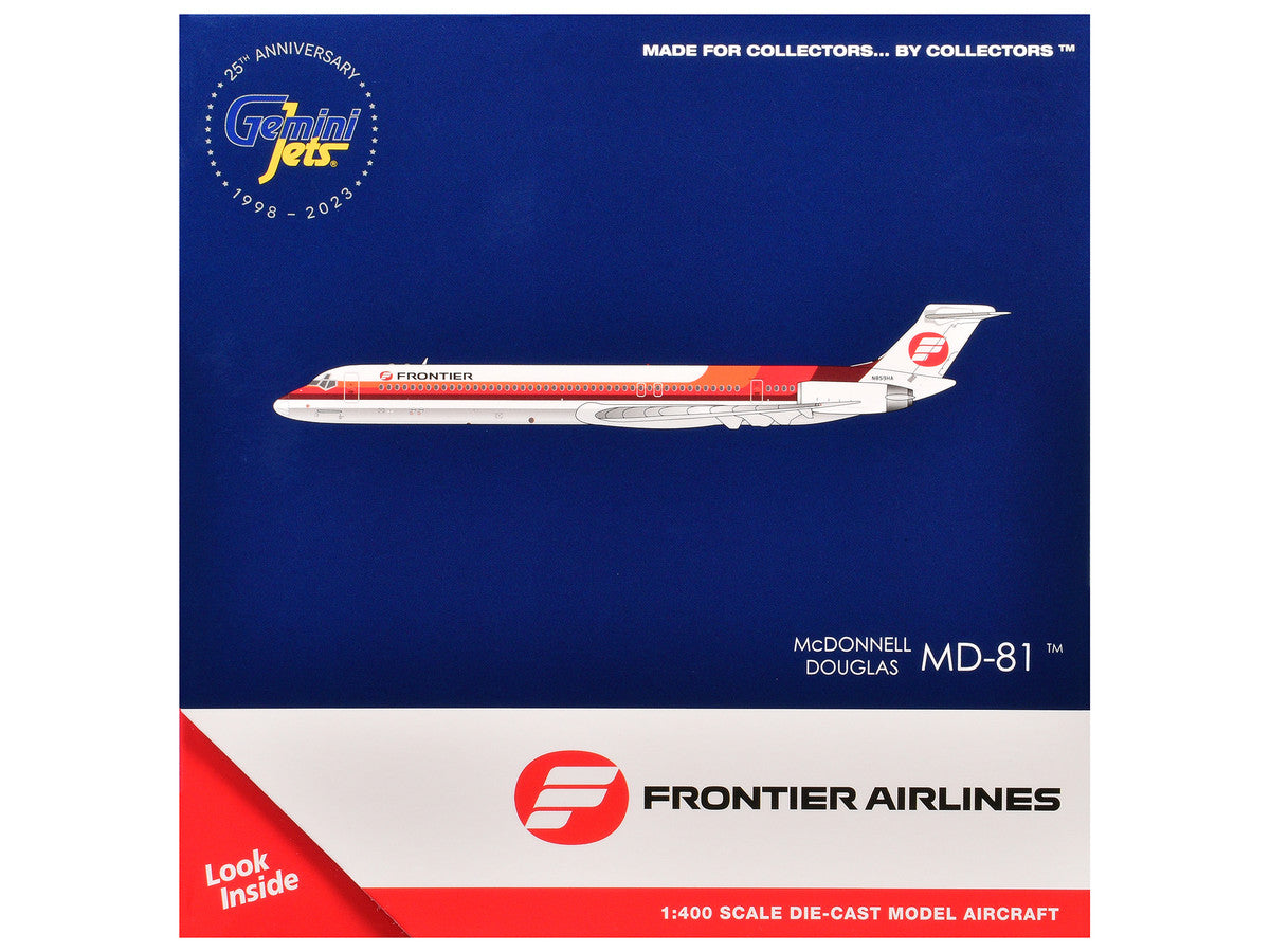 McDonnell Douglas MD-81 Commercial Aircraft "Frontier Airlines" (N859HA) White with Stripes 1/400 Diecast Model Airplane by GeminiJets-2