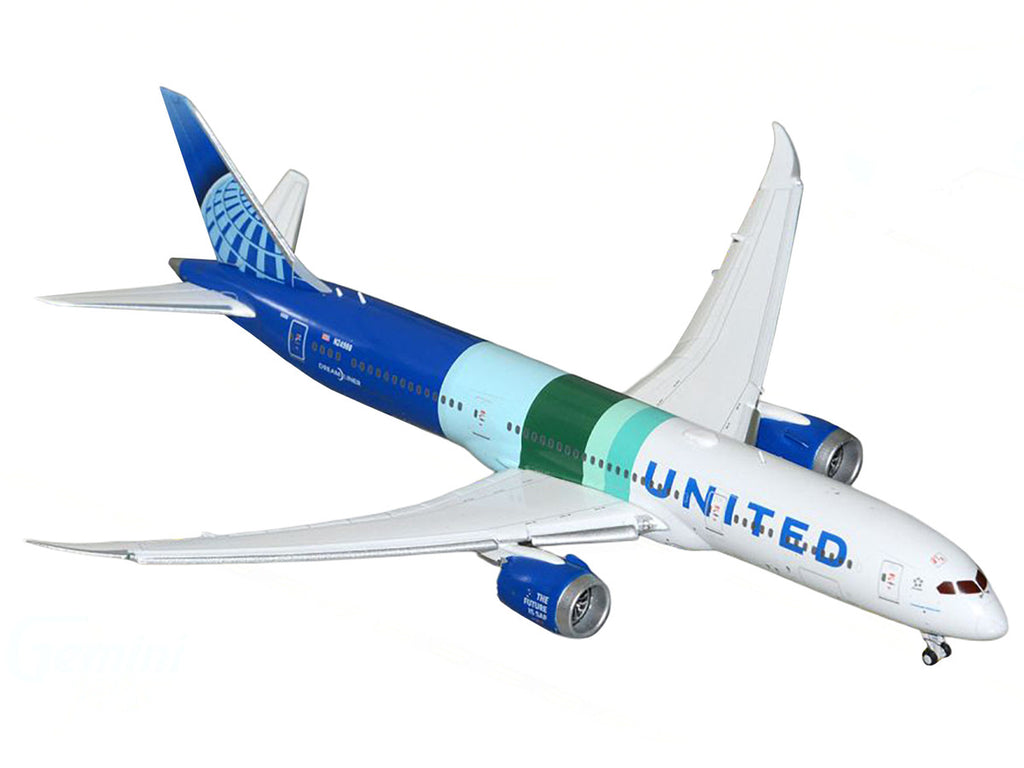 Boeing 787-9 Commercial Aircraft with Flaps Down "United Airlines - The Future is SAF" (N24988) White and Blue with Stripes 1/400 Diecast Model Airplane by GeminiJets-1