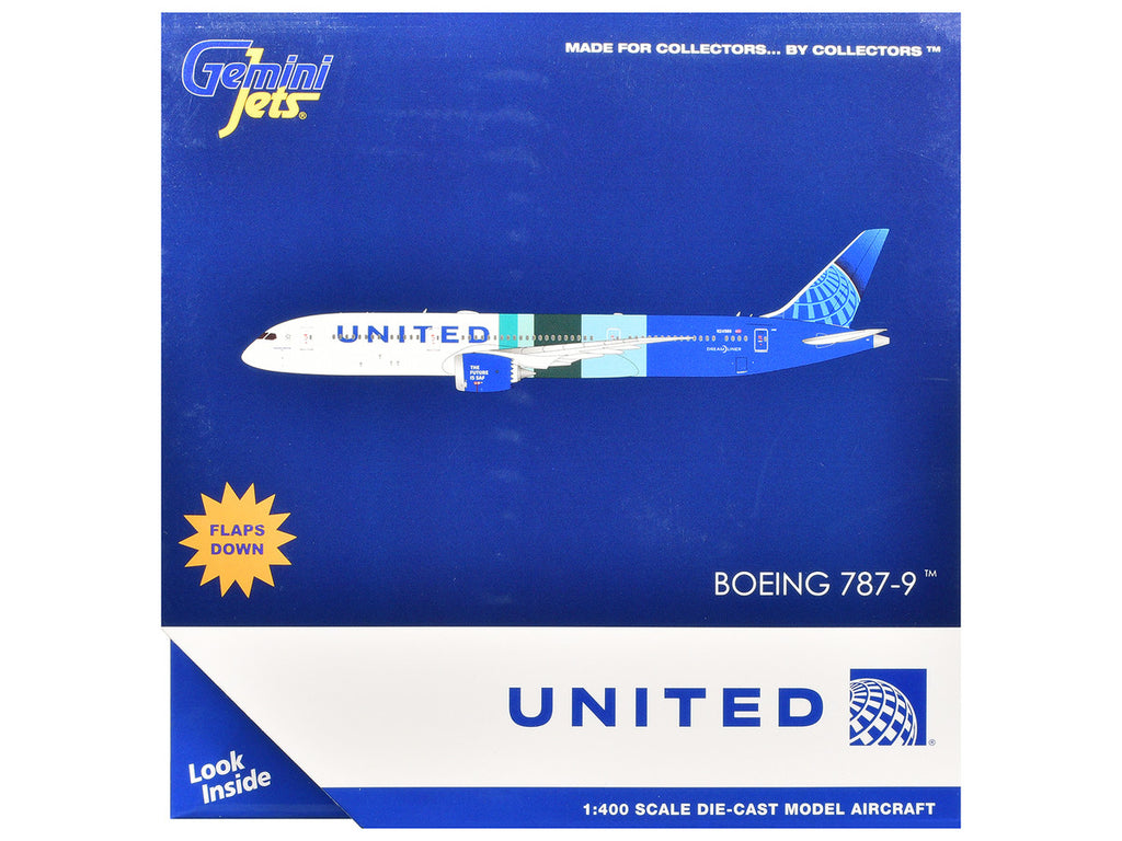 Boeing 787-9 Commercial Aircraft with Flaps Down "United Airlines - The Future is SAF" (N24988) White and Blue with Stripes 1/400 Diecast Model Airplane by GeminiJets-2