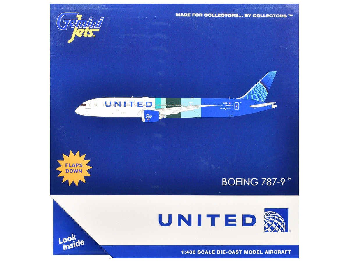 Boeing 787-9 Commercial Aircraft with Flaps Down "United Airlines - The Future is SAF" (N24988) White and Blue with Stripes 1/400 Diecast Model Airplane by GeminiJets-2