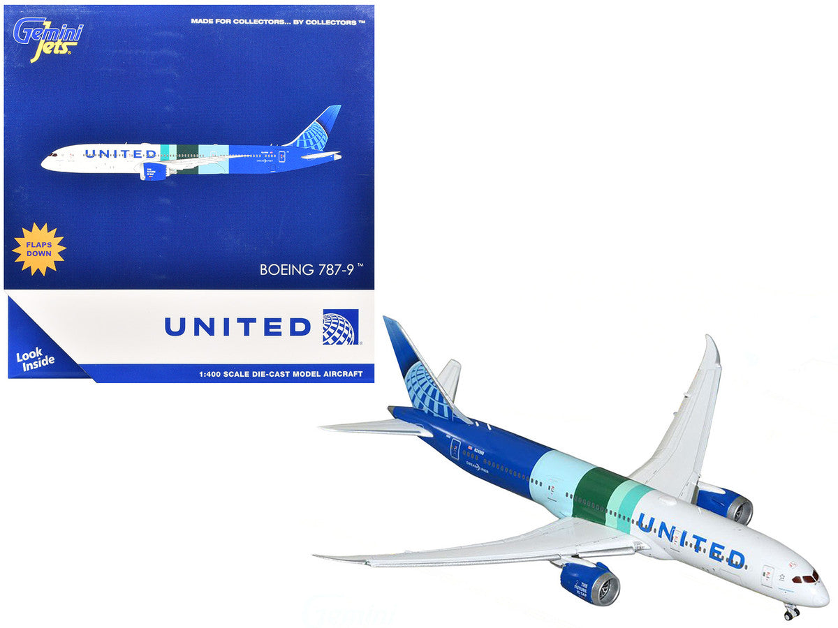 Boeing 787-9 Commercial Aircraft with Flaps Down "United Airlines - The Future is SAF" (N24988) White and Blue with Stripes 1/400 Diecast Model Airplane by GeminiJets-0