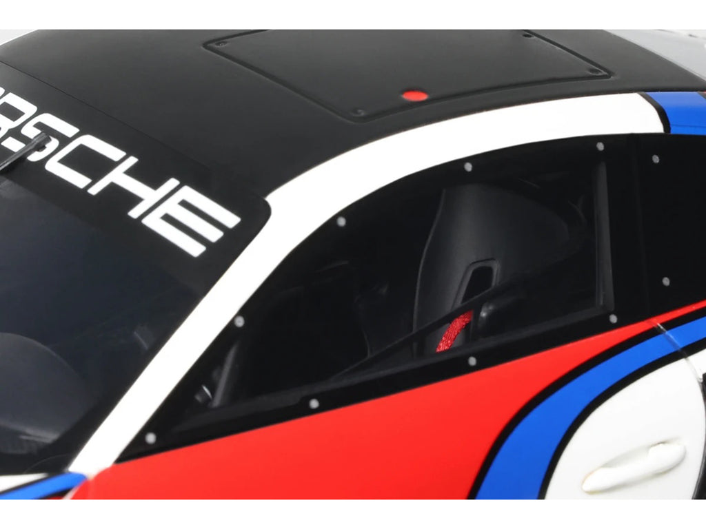 2023 Porsche 911 (992) GT3 R Rennsport White with Black Top and Red and Blue Graphics 1/18 Model Car by GT Spirit
