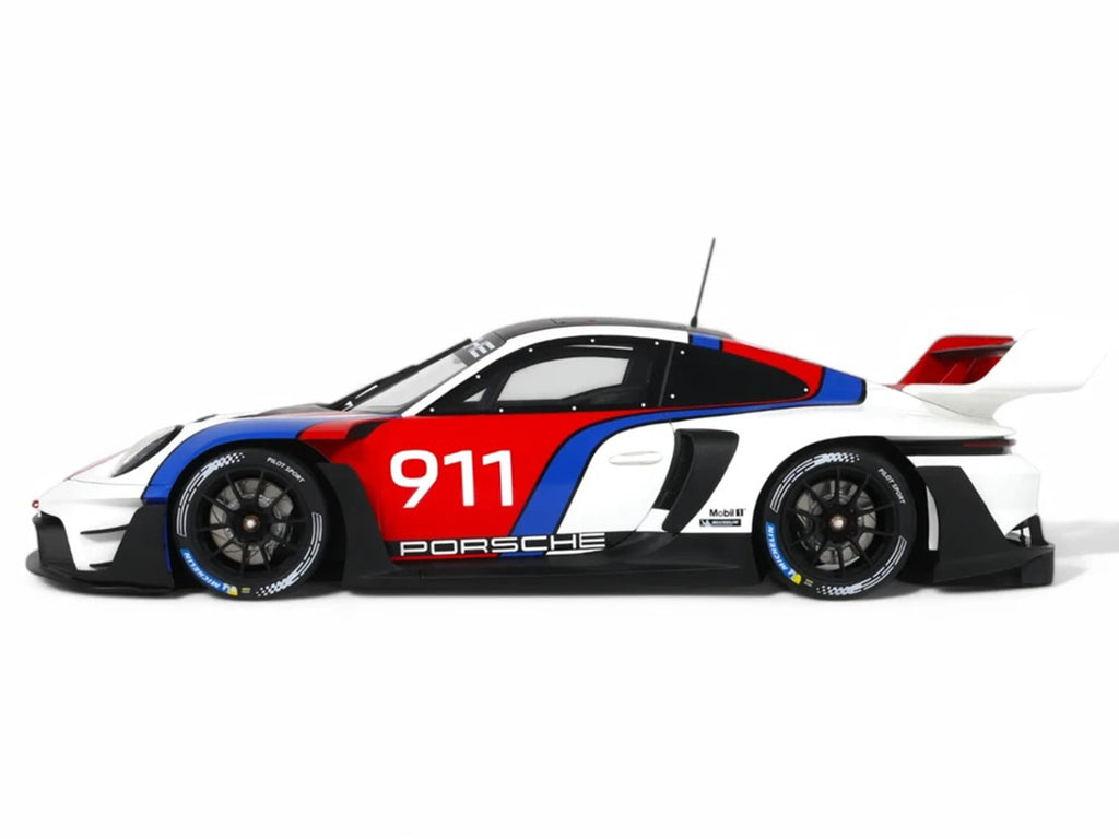 2023 Porsche 911 (992) GT3 R Rennsport White with Black Top and Red and Blue Graphics 1/18 Model Car by GT Spirit