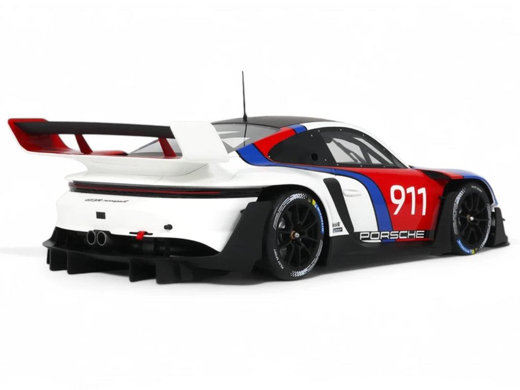 2023 Porsche 911 (992) GT3 R Rennsport White with Black Top and Red and Blue Graphics 1/18 Model Car by GT Spirit