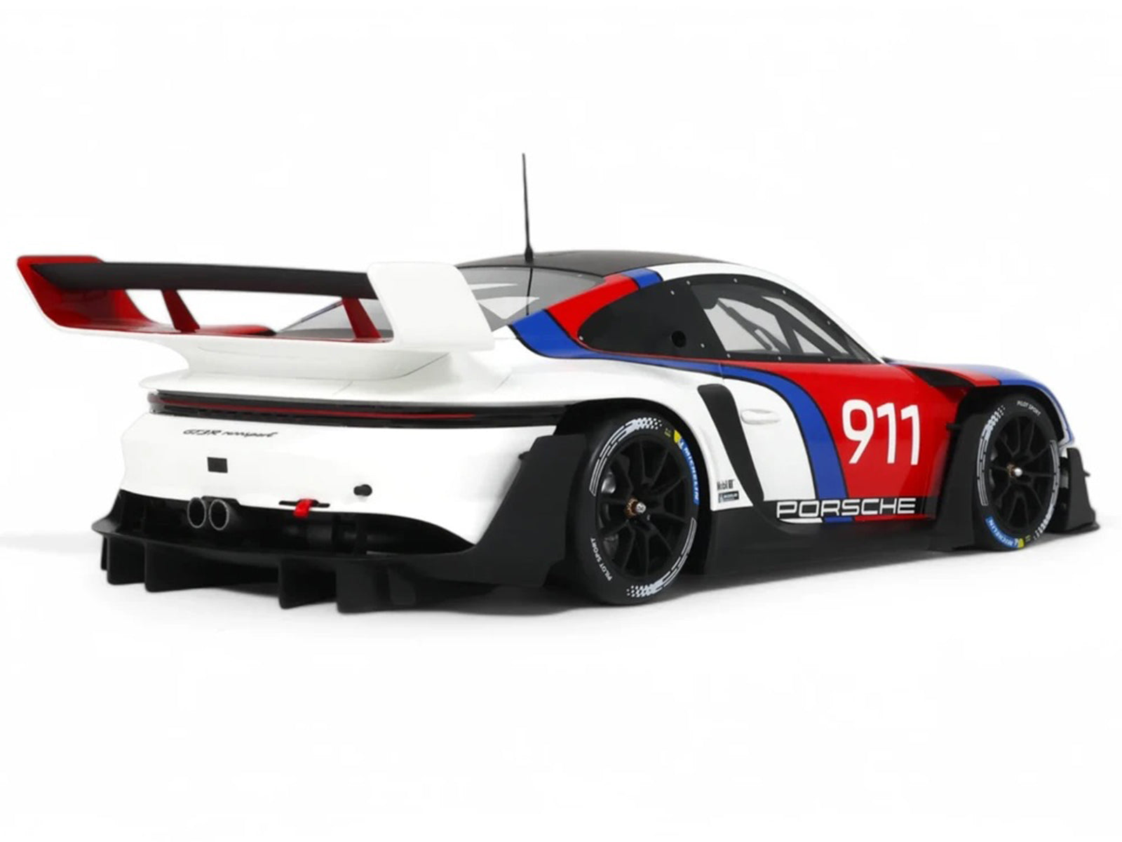 2023 Porsche 911 (992) GT3 R Rennsport White with Black Top and Red and Blue Graphics 1/18 Model Car by GT Spirit