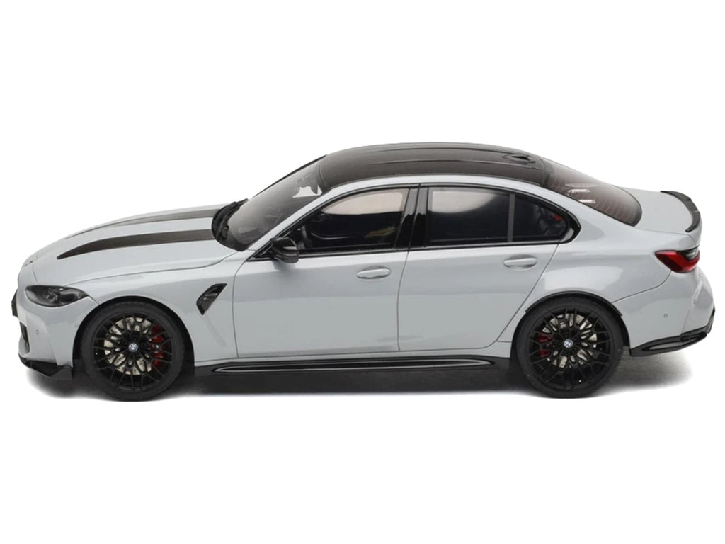 2024 BMW M3 CS M Brooklyn Gray Metallic with Black Top and Hood Stripes 1/18 Model Car by GT Spirit