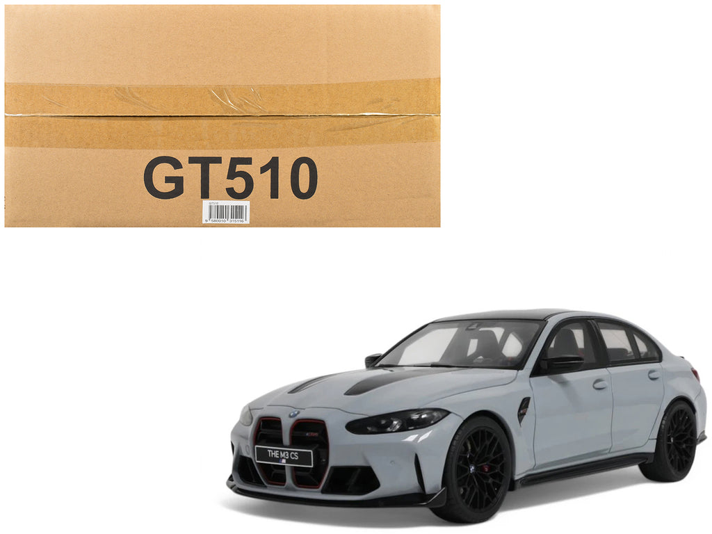 2024 BMW M3 CS M Brooklyn Gray Metallic with Black Top and Hood Stripes 1/18 Model Car by GT Spirit
