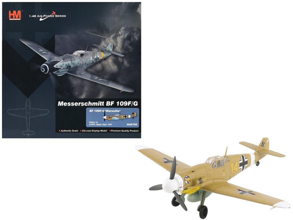 Messerschmitt Bf 109F-4 Fighter Aircraft "Marseille Yellow 14 3./JG27 Egypt" (1942) German Luftwaffe "Air Power Series" 1/48 Diecast Model by Hobby Master-4