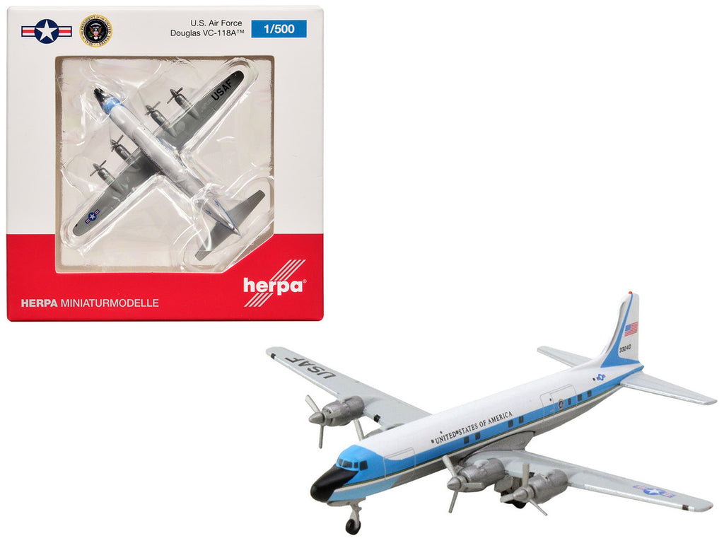Douglas VC-118A Transport Aircraft "United States Air Force One 1254th Air Transport Wing Andrews Air Base" (53-3240) White with Blue Stripes 1/500 Diecast Model Airplane by Herpa-0