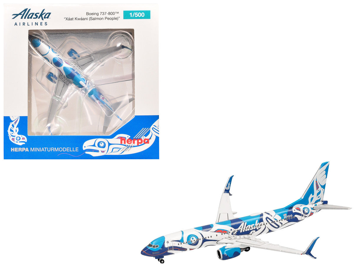 Boeing 737-800 Commercial Aircraft "Alaska Airlines - Salmon People Livery" (N559AS) Blue and White 1/500 Diecast Model Airplane by Herpa-3
