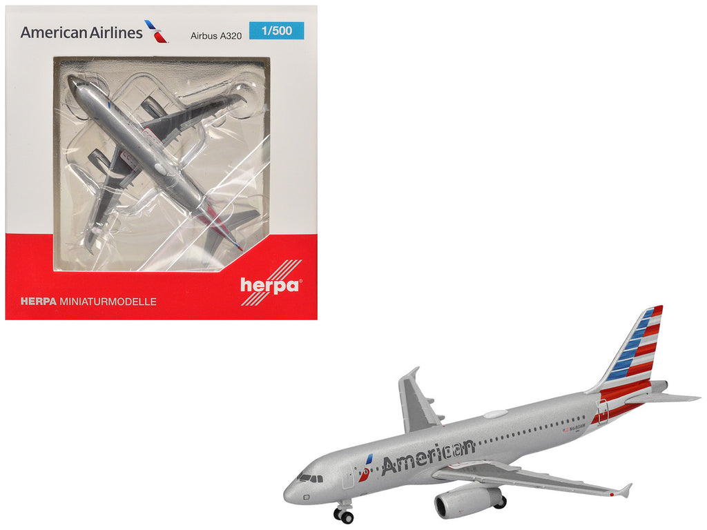 Airbus A320 Commercial Aircraft "American Airlines" (N680AW) Silver with Blue and Red Tail 1/500 Diecast Model Airplane by Herpa-0