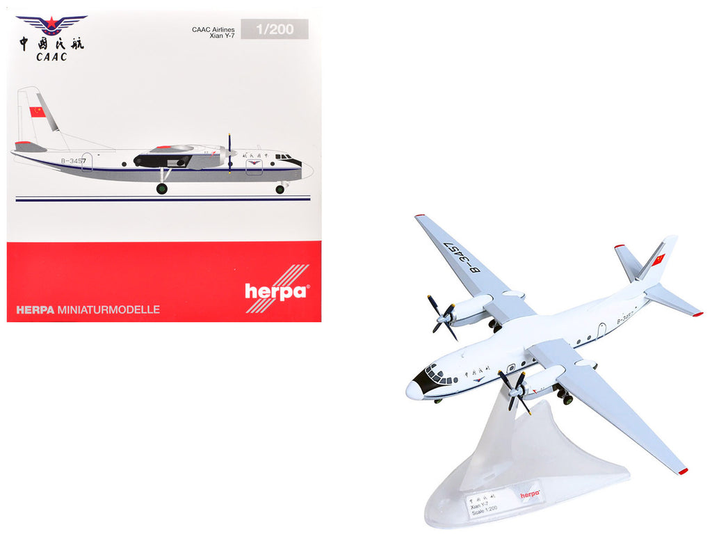 Xian Y-7 Commercial Aircraft "CAAC Airlines" (B-3457) White with Blue Stripes 1/200 Diecast Model by Herpa-3
