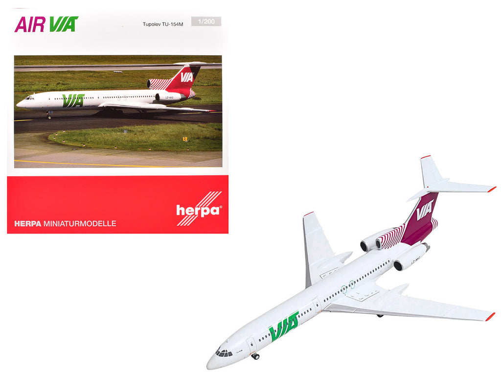 Tupolev TU-154M Commercial Aircraft "Air Via" (LZ-MIG) White with Red Tail 1/200 Diecast Model by Herpa-3
