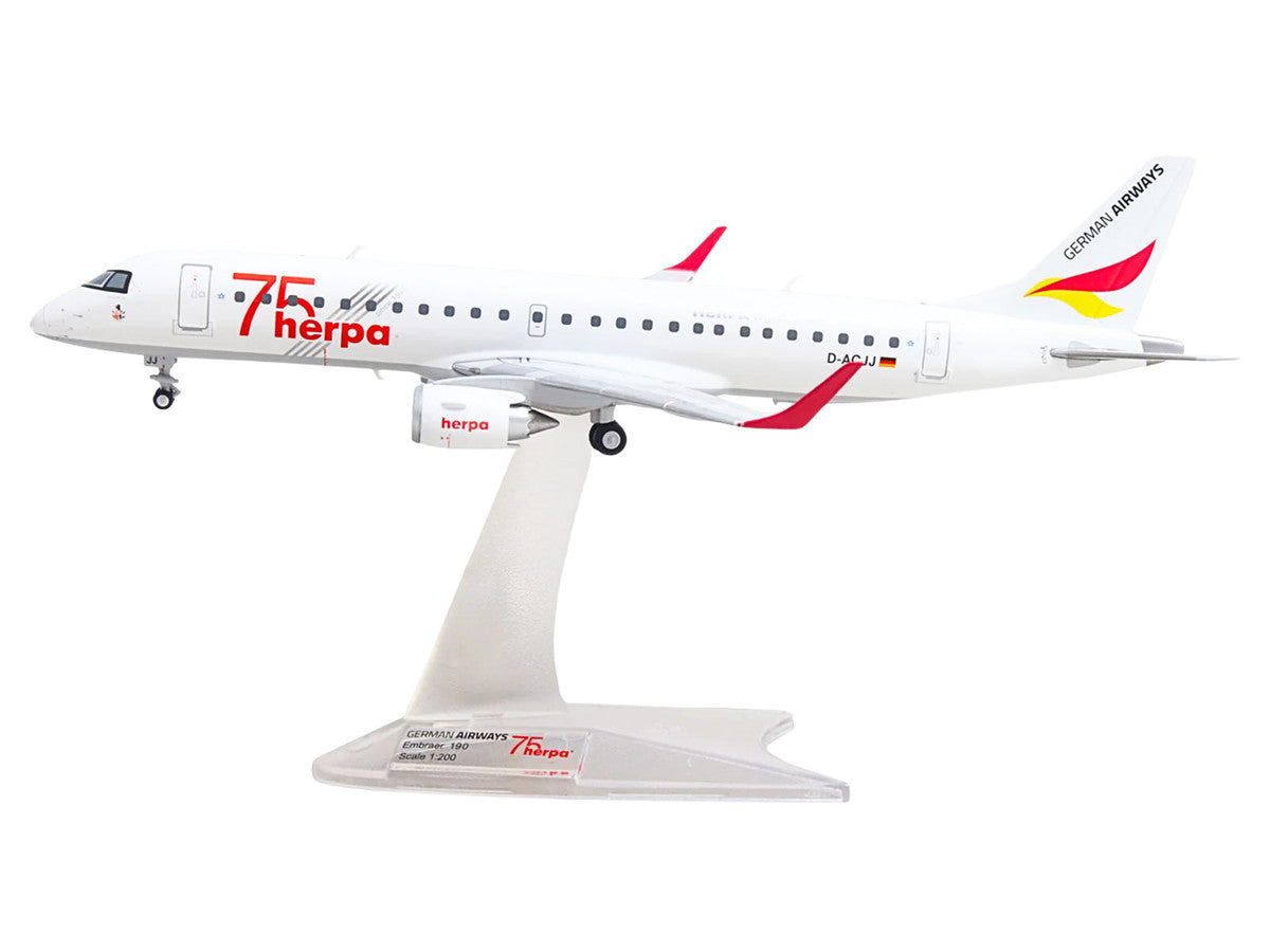 Embraer E190 Commercial Aircraft "German Airways - Herpa 75 Years" (D-ACJJ) White with Graphics 1/200 Diecast Model by Herpa-1