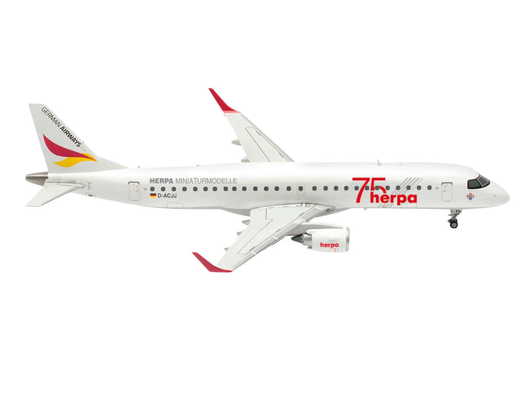 Embraer E190 Commercial Aircraft "German Airways - Herpa 75 Years" (D-ACJJ) White with Graphics 1/200 Diecast Model by Herpa-0